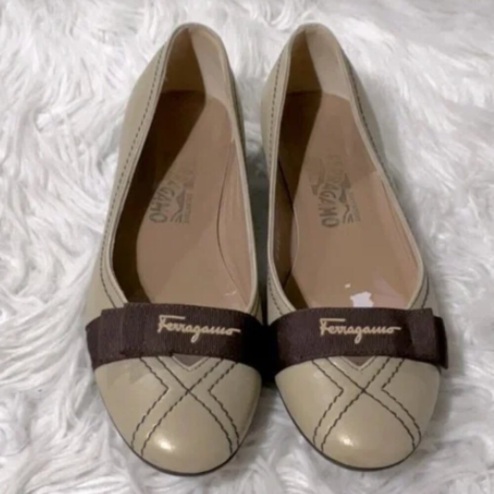 SALVATORE Ferragamo shoes leather flats stitching detail logo on vamp women 7.5